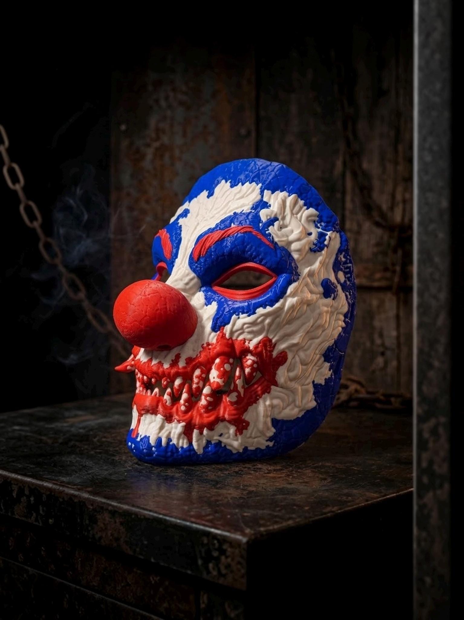 PRE-COLORED - NO Hand crafted Horror Clown Face Mask, Red White Blue Cosplay, Scary Halloween - Venemask