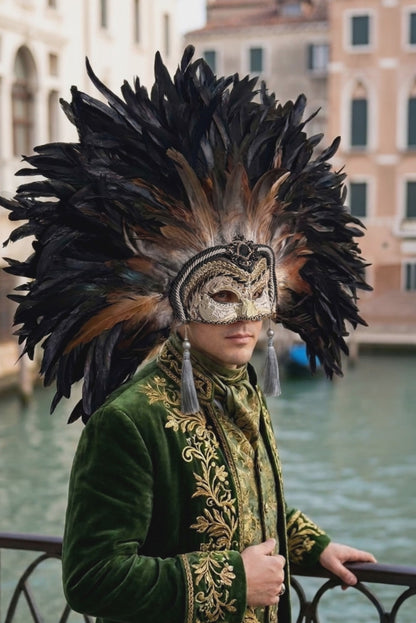 Seraphina: Luxury Black Feather Venetian Mask, Gold Masquerade Headdress, Baroque