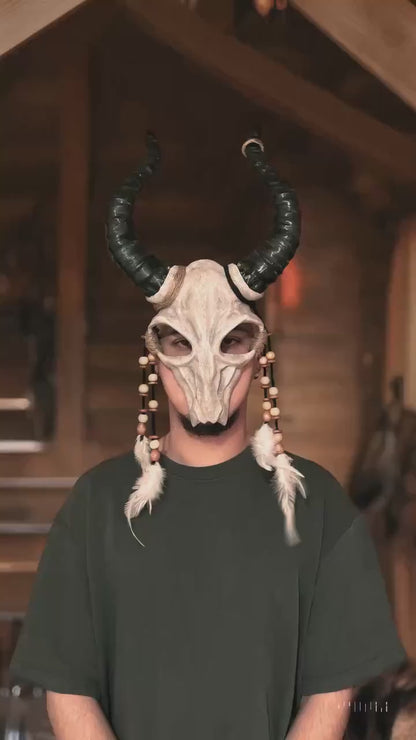 Shaman Goat Skull; Ram Horns, Whimsical Mystic Voodoo Costume Cosplay mask - handcrafted Venetian fantasy mask with beads and feathers.
