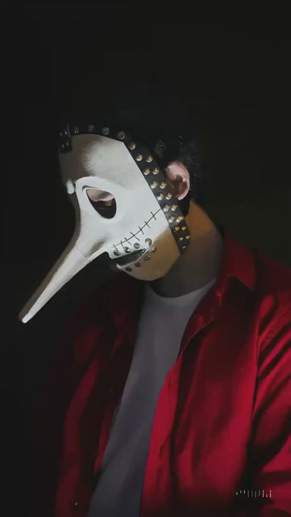 Slipknot Chris Fehn; White and Black, Strange Liar Mask, handcrafted Venetian cosplay mask with long nose and studded details.