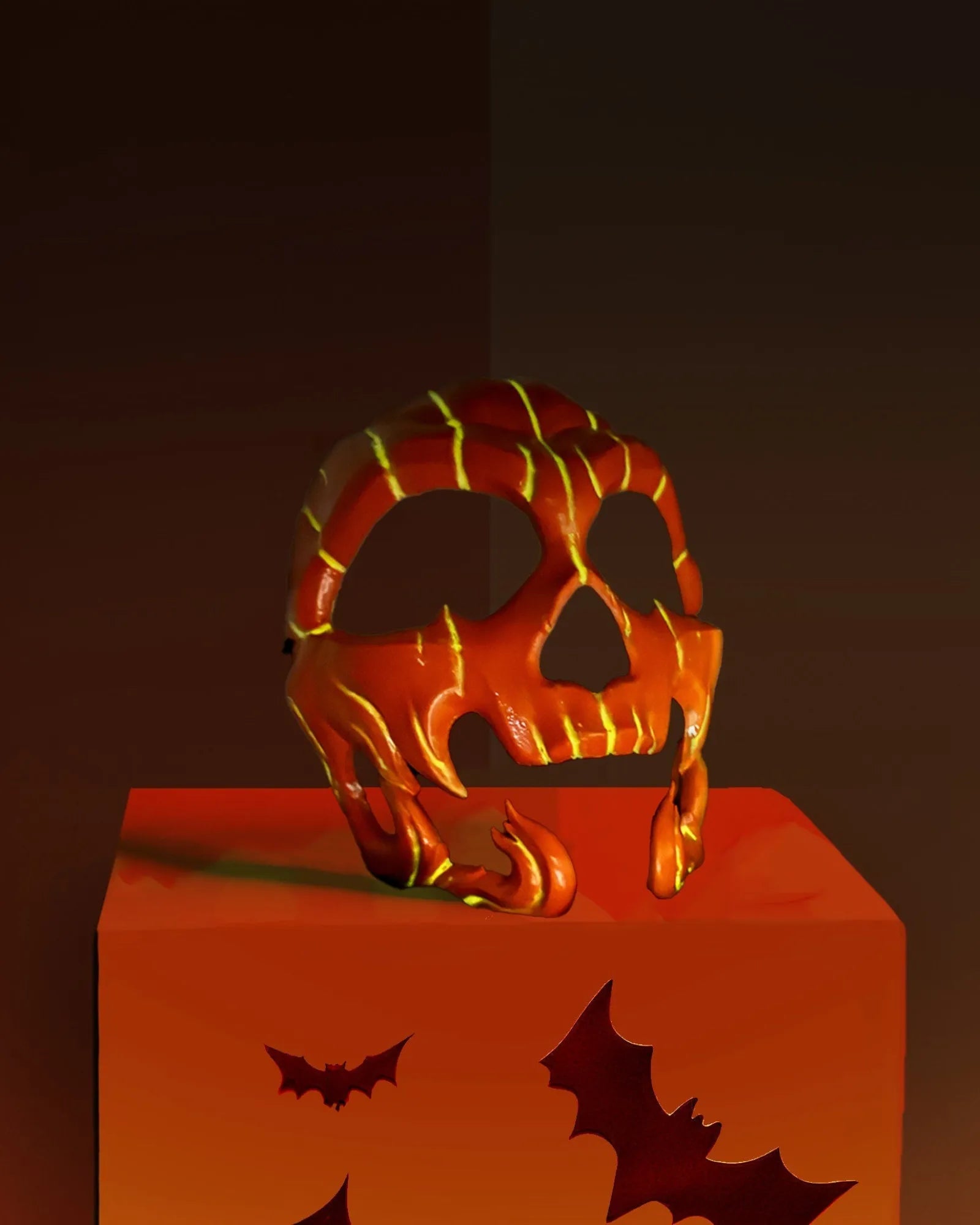 Pumpkin Skull Halloween; Glow in dark lines, Jack-o-lantern Style Scary mask, handcrafted Venetian cosplay mask for events.