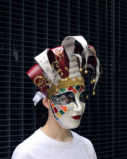Red and White Jester; Venetian Rio Venice Carnival, Colorfull Face mask, handcrafted, venetian mask for cosplay and fantasy events.