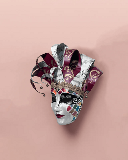 Red and White Jester; Venetian Rio Venice Carnival, Colorfull Face mask - Venemask