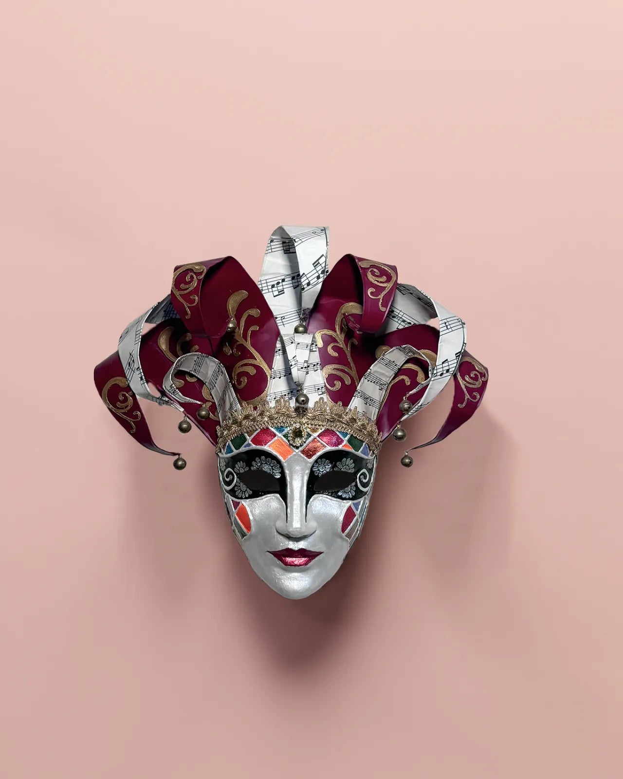 Red and White Jester; Venetian Rio Venice Carnival, Colorfull Face mask, handcrafted Venetian mask for cosplay and fantasy events.