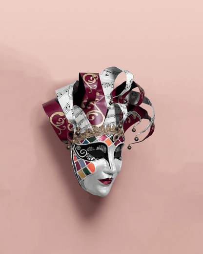 Red and White Jester; Venetian Rio Venice Carnival, Colorfull Face mask - Venemask