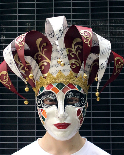 Red and White Jester; Venetian Rio Venice Carnival, Colorfull Face mask, handcrafted venetian cosplay fantasy mask with musical accents