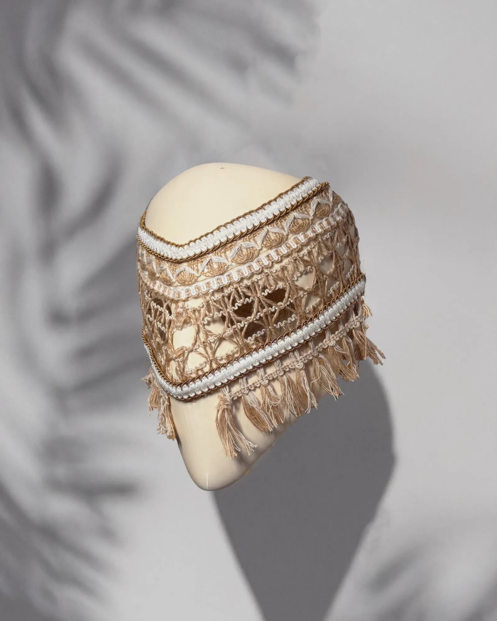 Rustic Ethnic Woven Boho Style; Handcrafted Bohemian, Nature-Inspired Festival Mask with fringe, Venetian design, cosplay, and fantasy theme.