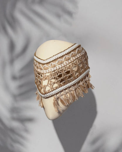 Rustic Ethnic Woven Boho Style; Handcrafted Bohemian, Nature-Inspired Festival Mask with fringe, Venetian design, cosplay, and fantasy theme.