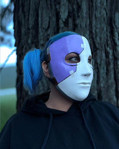 Sally Face Mask For Cosplay; Purple and White - Sal Fisher Prosthesis Mask, handcrafted Venetian cosplay mask worn at a fantasy event.