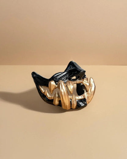 Samurai Demon Oni; Black mask with gold teeth, Oni Demons Mythology Masquerade mask - Venemask