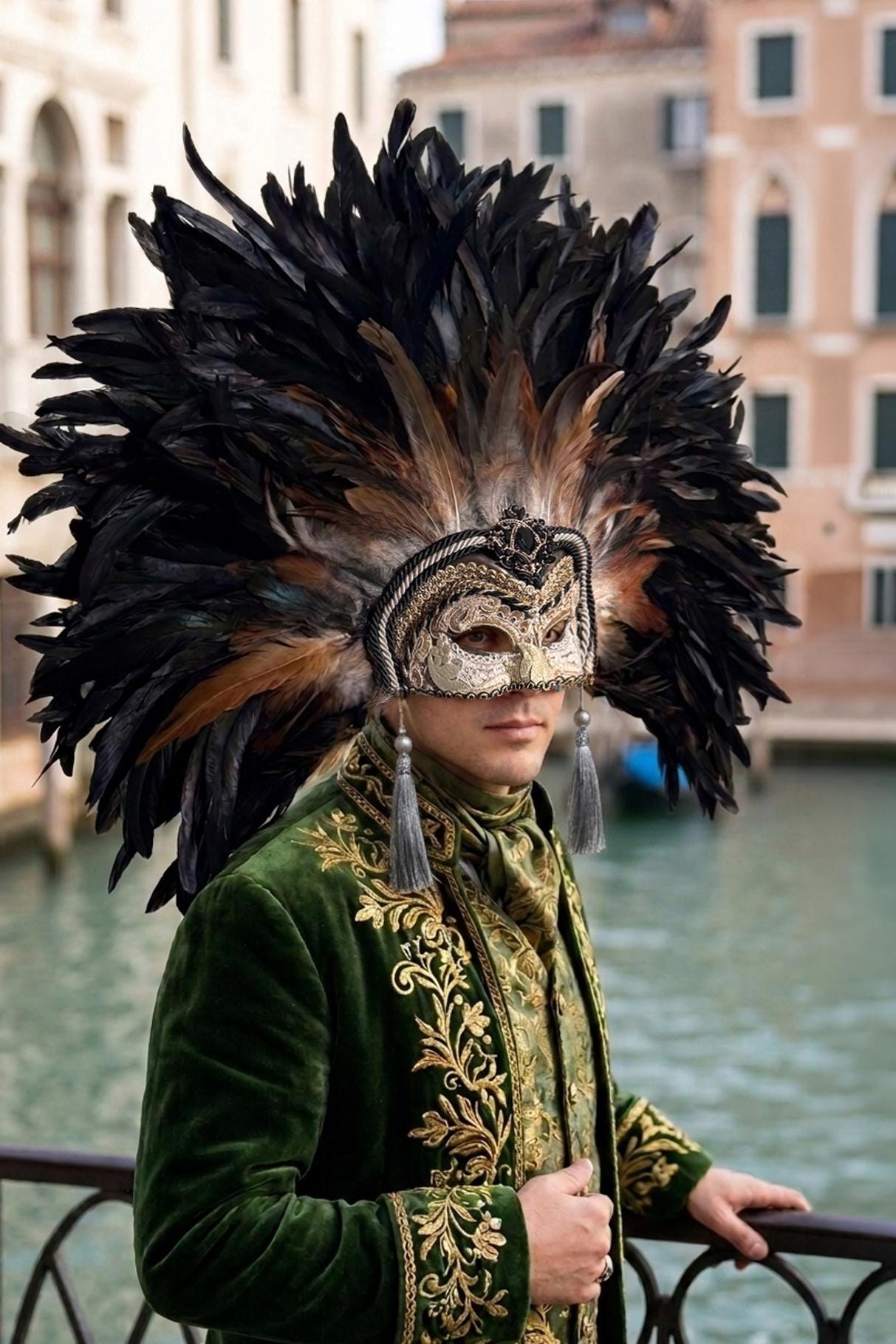 Seraphina: Luxury Black Feather Venetian Mask, Gold Masquerade Headdress, Baroque - Venemask
