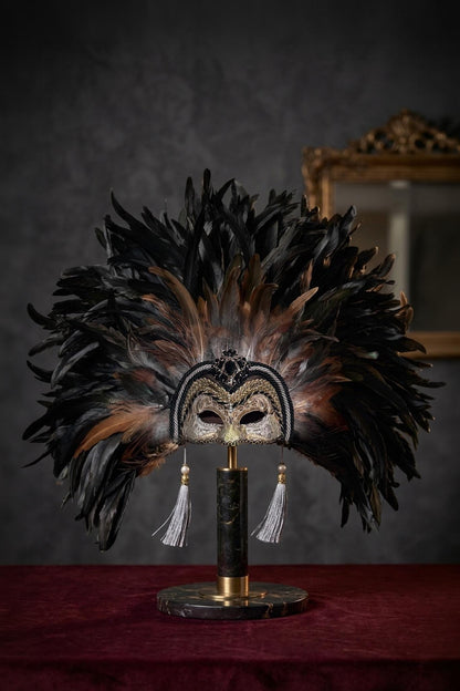 Seraphina: Luxury Black Feather Venetian Mask, Gold Masquerade Headdress, Baroque - Venemask