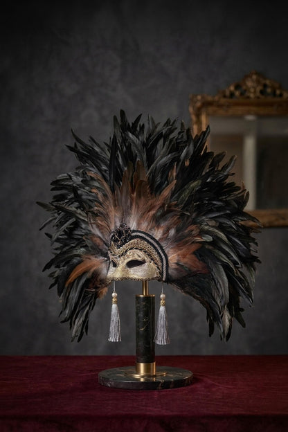 Seraphina: Luxury Black Feather Venetian Mask, Gold Masquerade Headdress, Baroque - Venemask