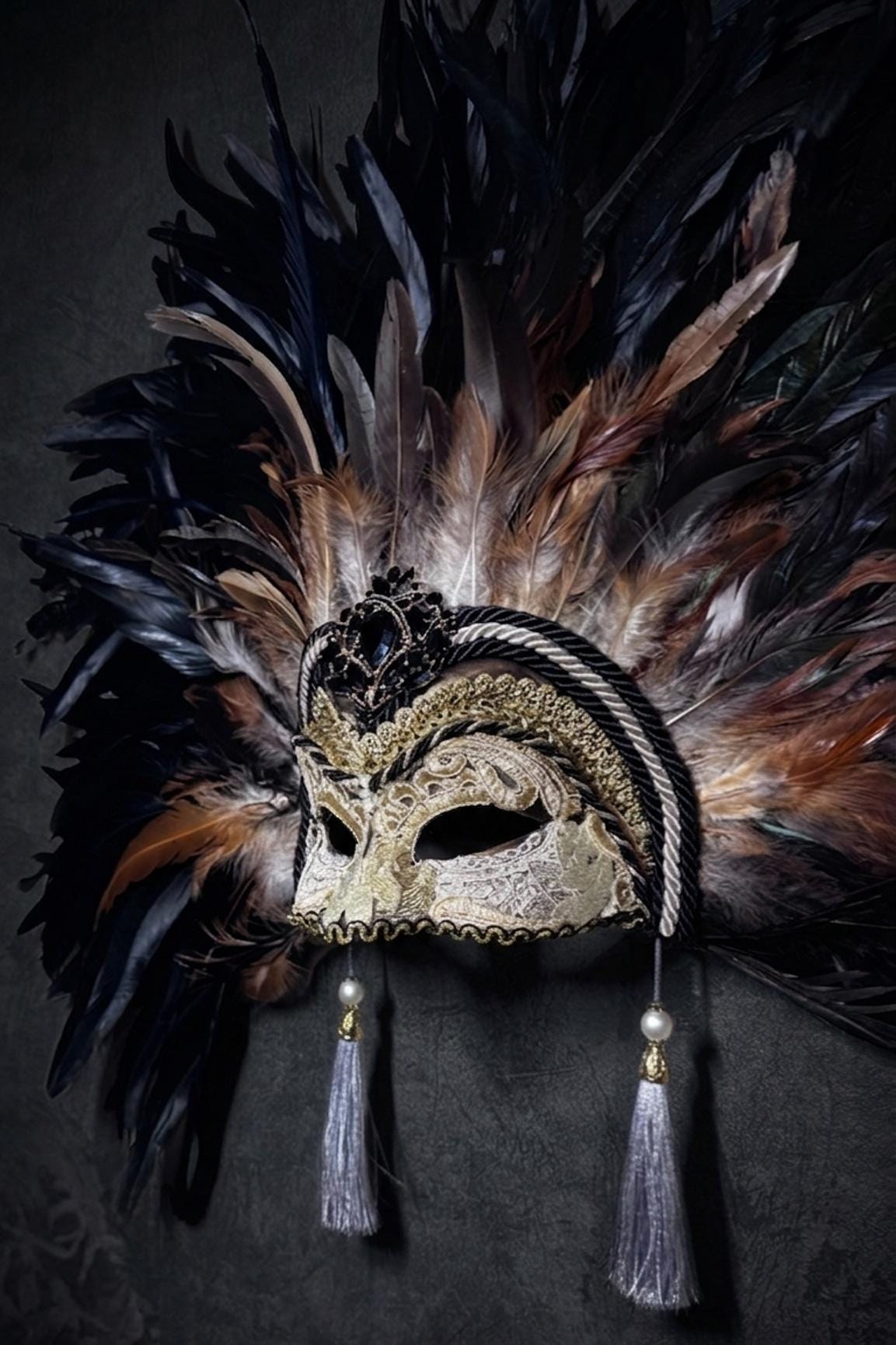 Seraphina: Luxury Black Feather Venetian Mask, Gold Masquerade Headdress, Baroque - Venemask