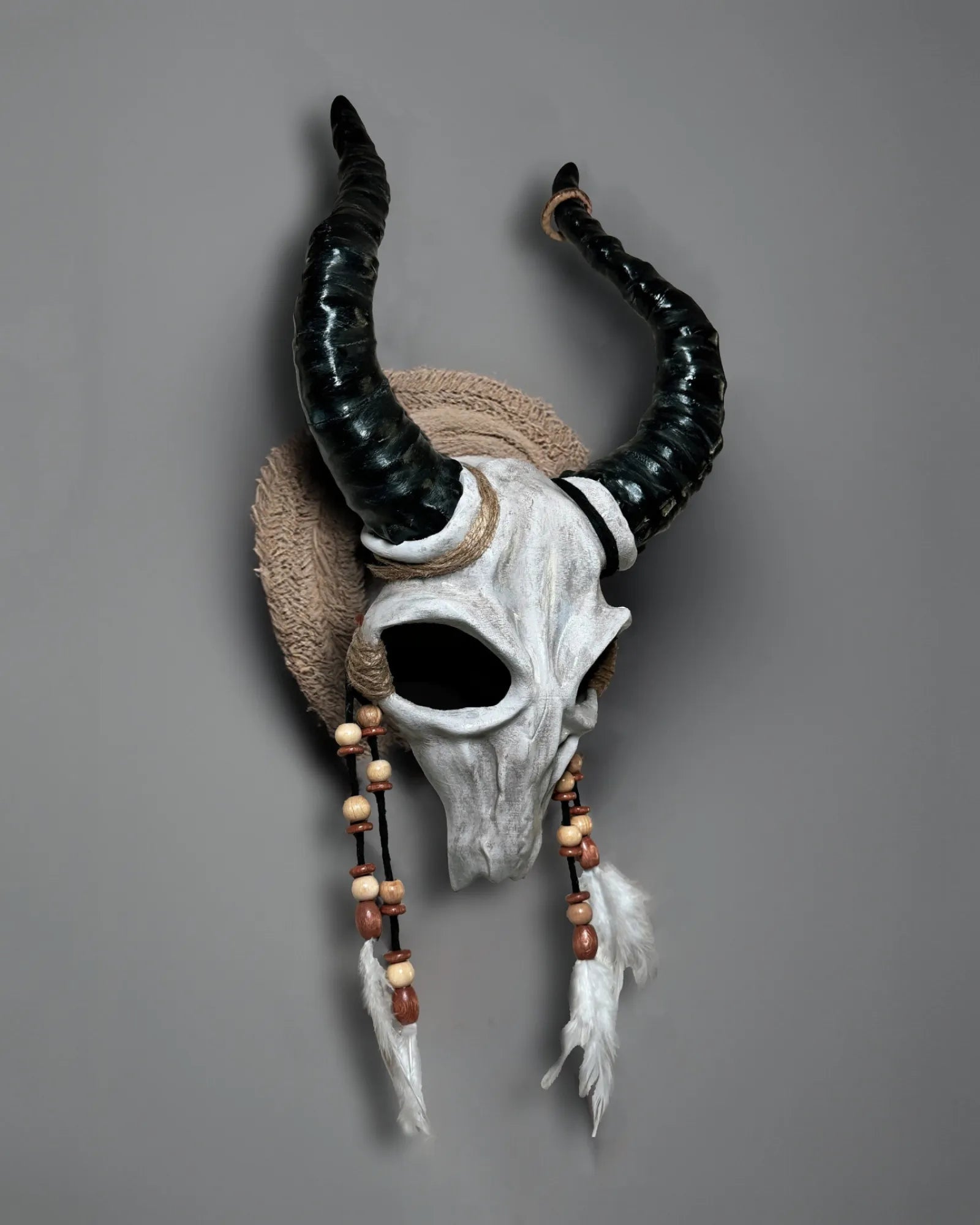 Shaman Goat Skull; Ram Horns, Whimsical Mystic Voodoo Costume Cosplay mask, handcrafted Venetian fantasy cosplay mask with feathers and beads.