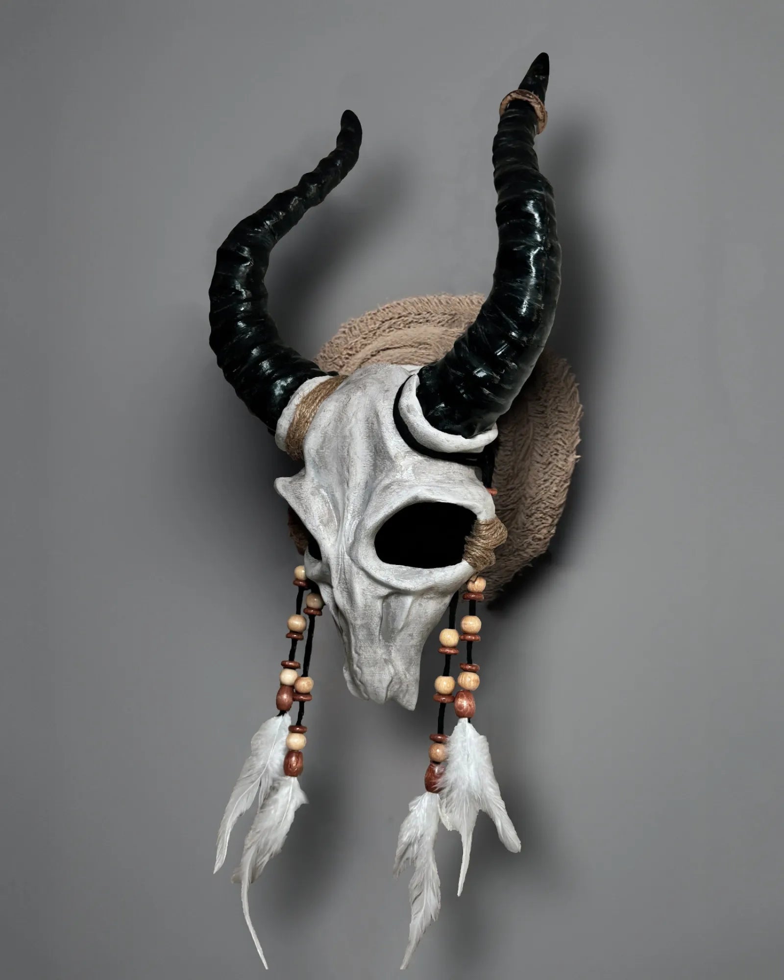 Shaman Goat Skull; Ram Horns, Whimsical Mystic Voodoo Costume Cosplay mask with handcrafted Venetian style and fantasy elements.