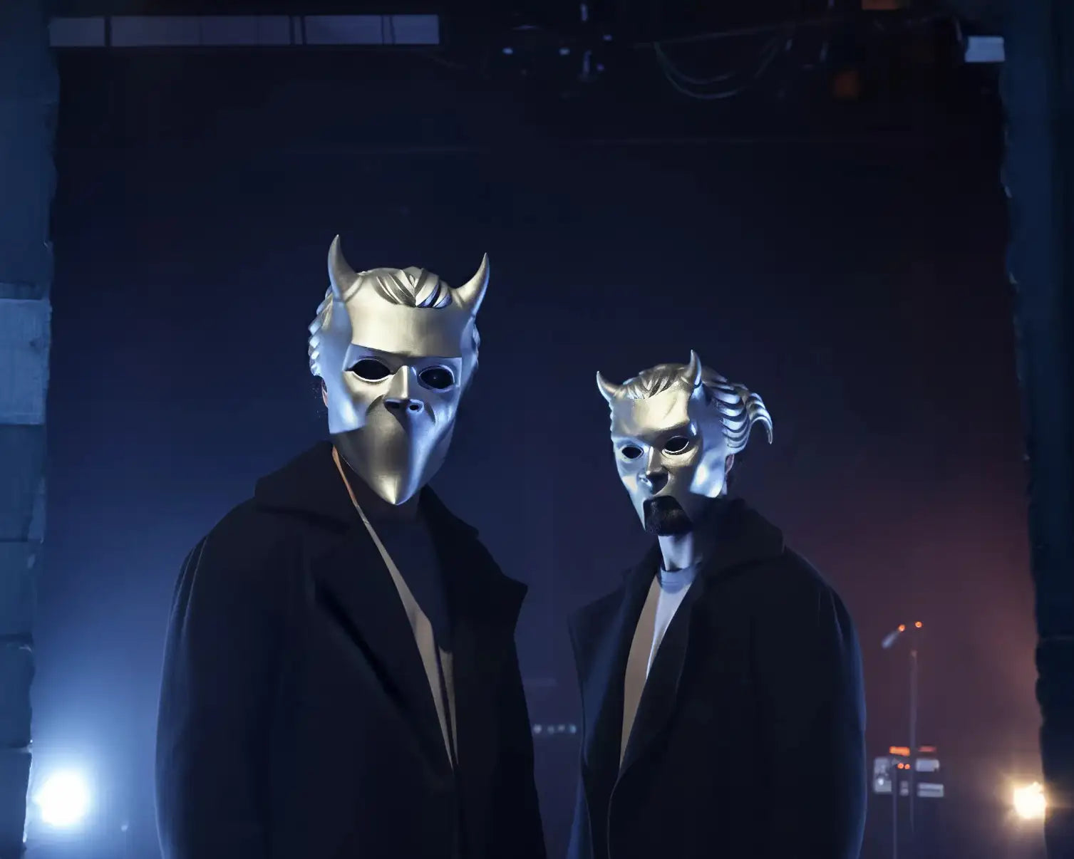 Silver skull mask with horns and pointed ears, likely made of metal or plastic.