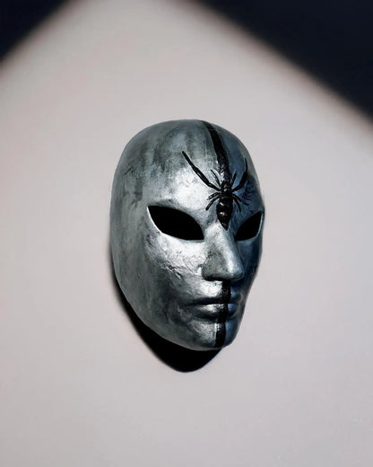 Silver Spider Mask with Black Stripe & Spider; Unique Cosplay Prop mask, handcrafted Venetian design for fantasy events.