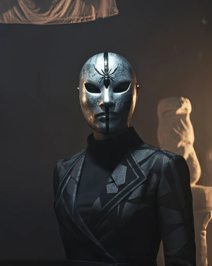 Silver Spider Mask with Black Stripe & Spider; Unique Cosplay Prop mask worn by a model, showcasing handcrafted Venetian design.