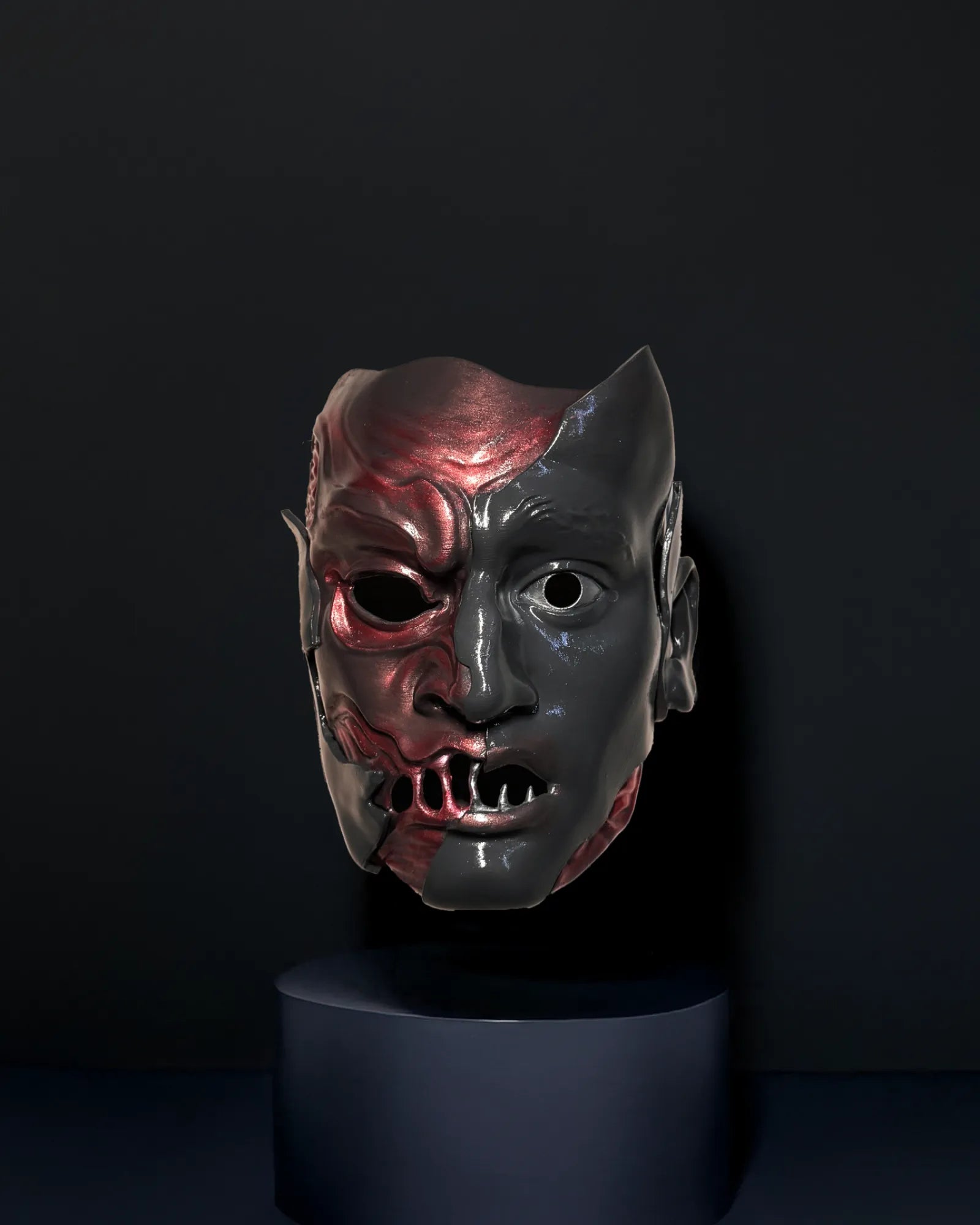 Slipknot Alessandro Venturella "Vman"; Red and Gray, Two face mask, handcrafted Venetian cosplay accessory for fantasy events.
