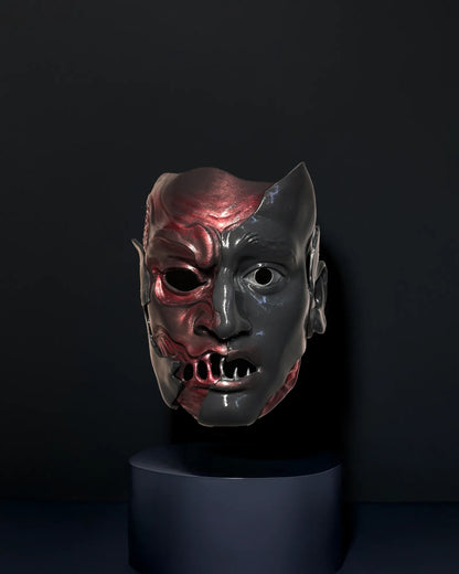 Slipknot Alessandro Venturella "Vman"; Red and Gray, Two face mask, handcrafted Venetian cosplay accessory for fantasy events.