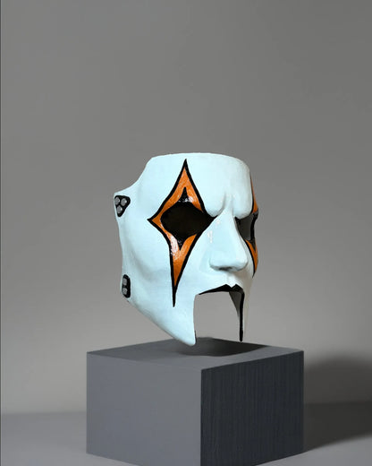 Slipknot Jim James Root; New Design, Orange and Black Detail Metal Music mask, handcrafted Venetian cosplay fantasy mask on display