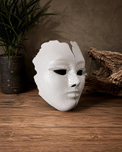 The Fractured Muse Mask, Cracked Porcelain Doll Face, White Gothic Masquerade, Halloween Cosplay Costume - Venemask