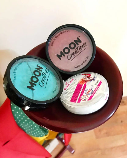 Face paints for The Joker Arthur Fleck Phoenix's Costume, featuring three Moon Creations colors, perfect for handcrafted venetian cosplay.