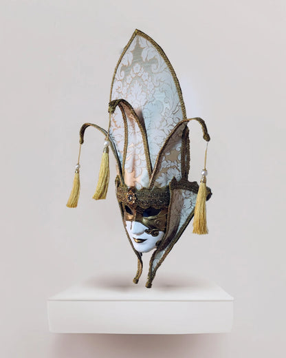 The Popess - Luxurious White and Gold Chic Art Venetian Mask for Masquerade, handcrafted, ideal for cosplay and fantasy events.