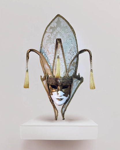 The Popess - Luxurious White and Gold Chic Art Venetian Mask for Masquerade, handcrafted for cosplay and fantasy events.