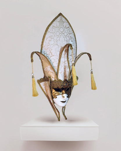 The Popess - Luxurious White and Gold Chic Art Venetian Mask for Masquerade, handcrafted fantasy cosplay accessory.