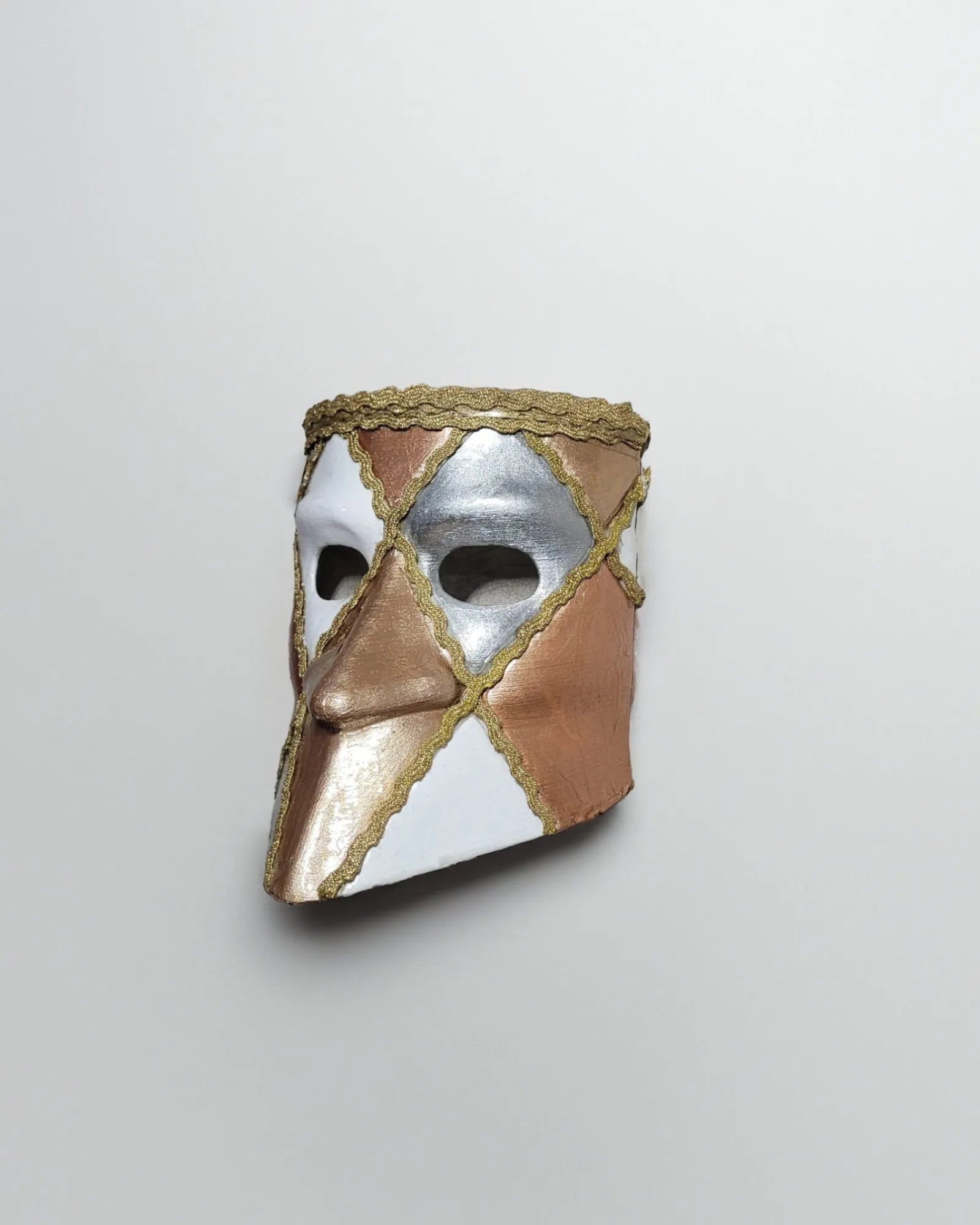 Traditional Bronze, White and Gray Bauta; Venetian Mask handcrafted for cosplay, fantasy, and masquerade.