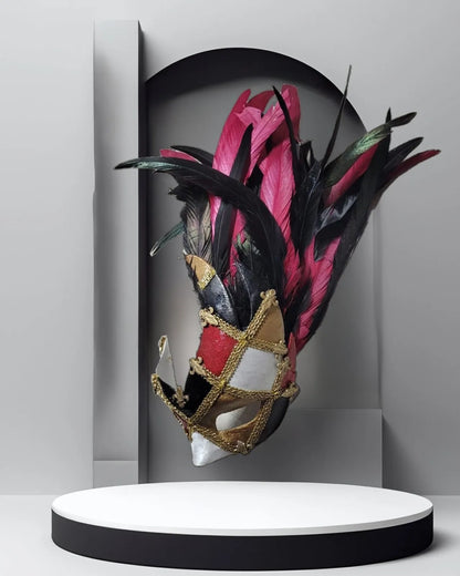Venetian Eye-Catching Winged; Woman Half Eye Mask with feathers, handcrafted and colorful; ideal for cosplay and fantasy events.