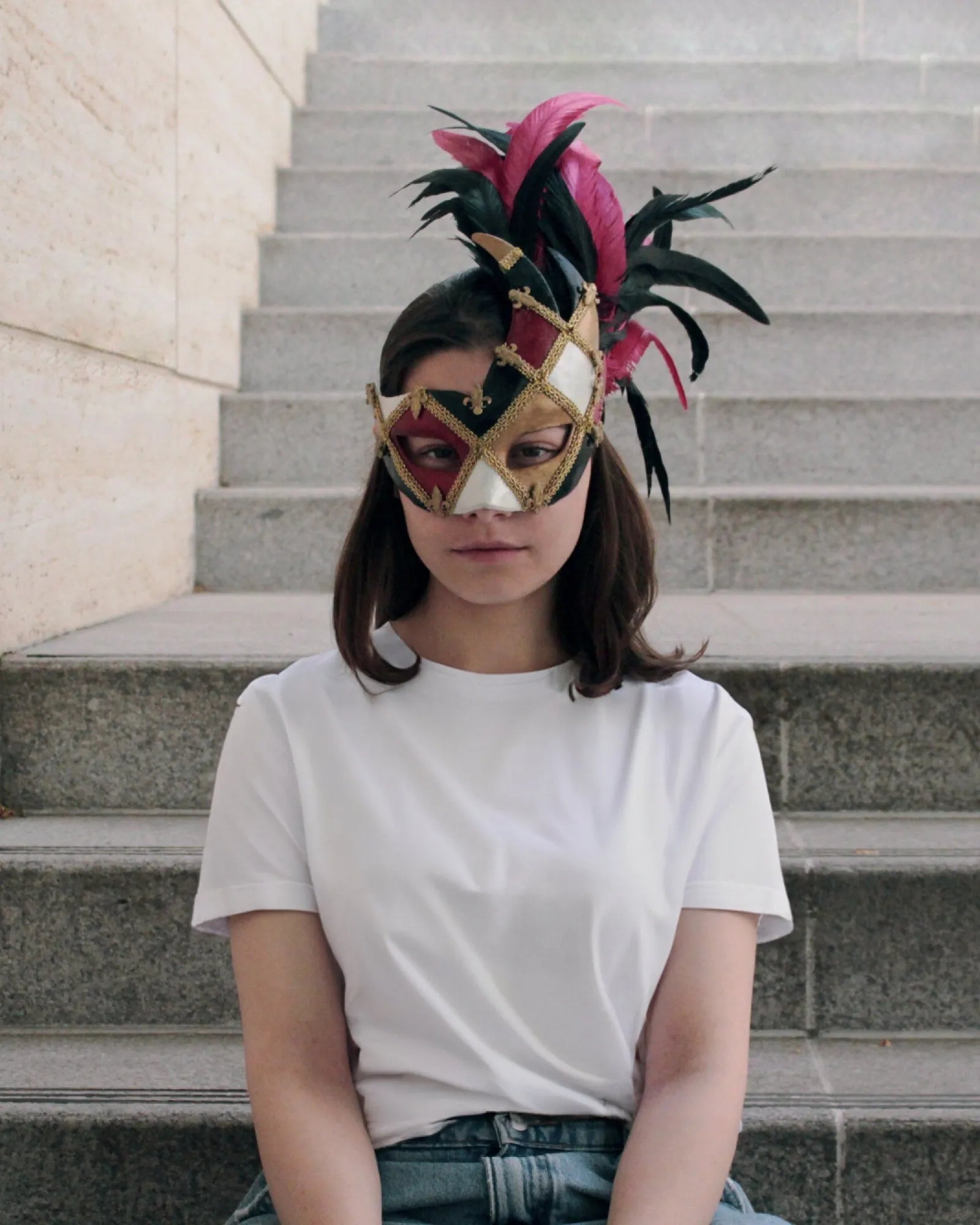 Venetian Eye-Catching Winged; Woman Half Eye Mask, handcrafted with feathers, perfect for cosplay and fantasy events.