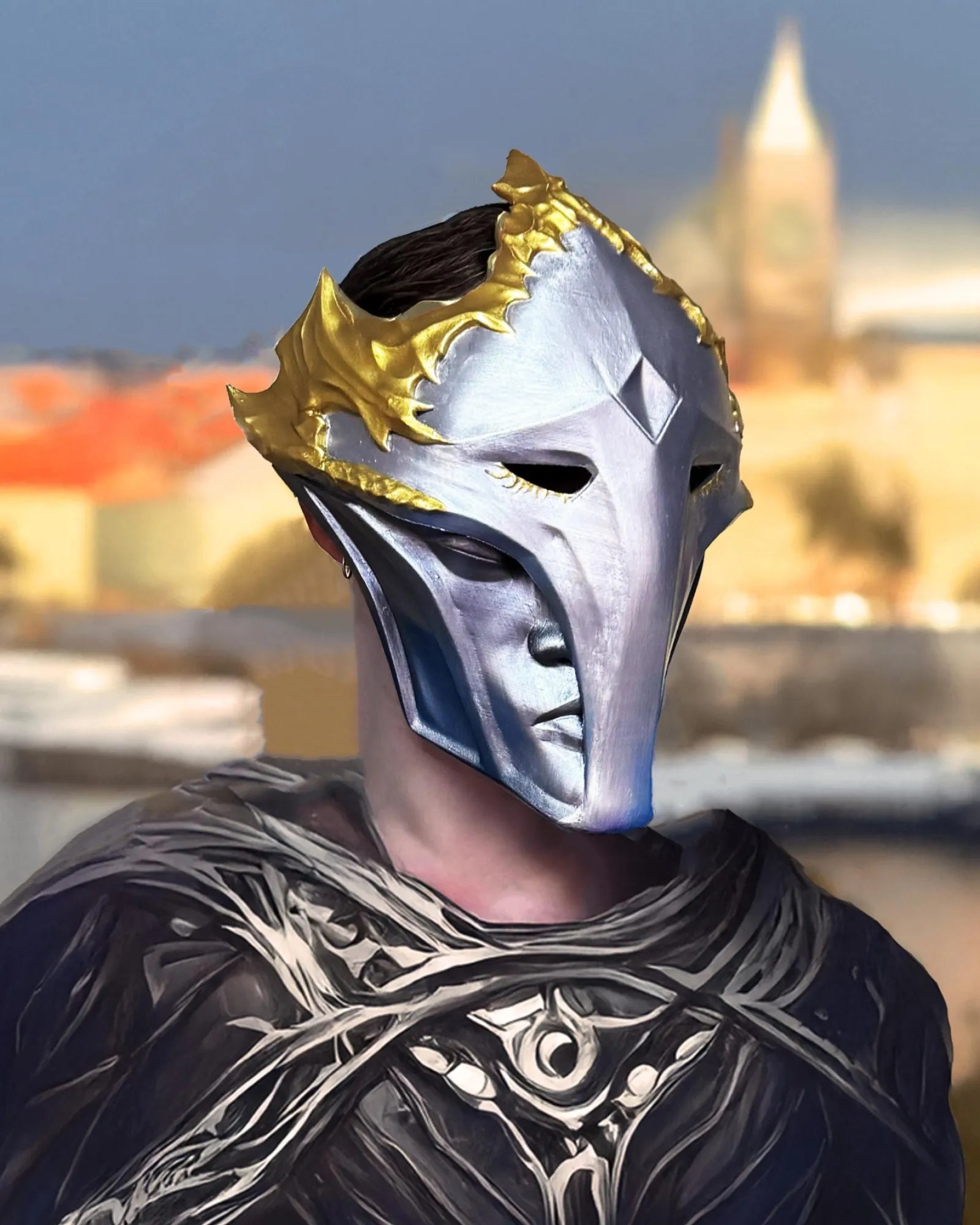 Handcrafted Venetian mask of Viktor Final Form Arcane from League of Legends, perfect for cosplay and fantasy enthusiasts.