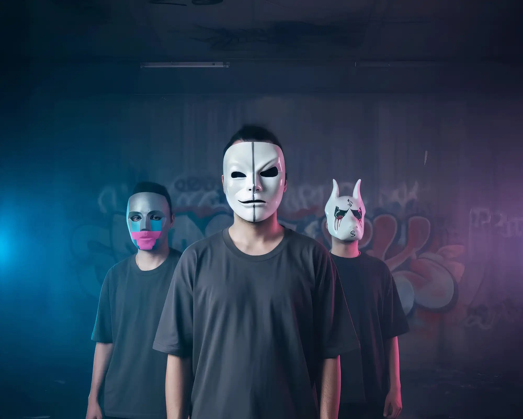 White and black mask with a dog design on the side, likely made of plastic or latex.