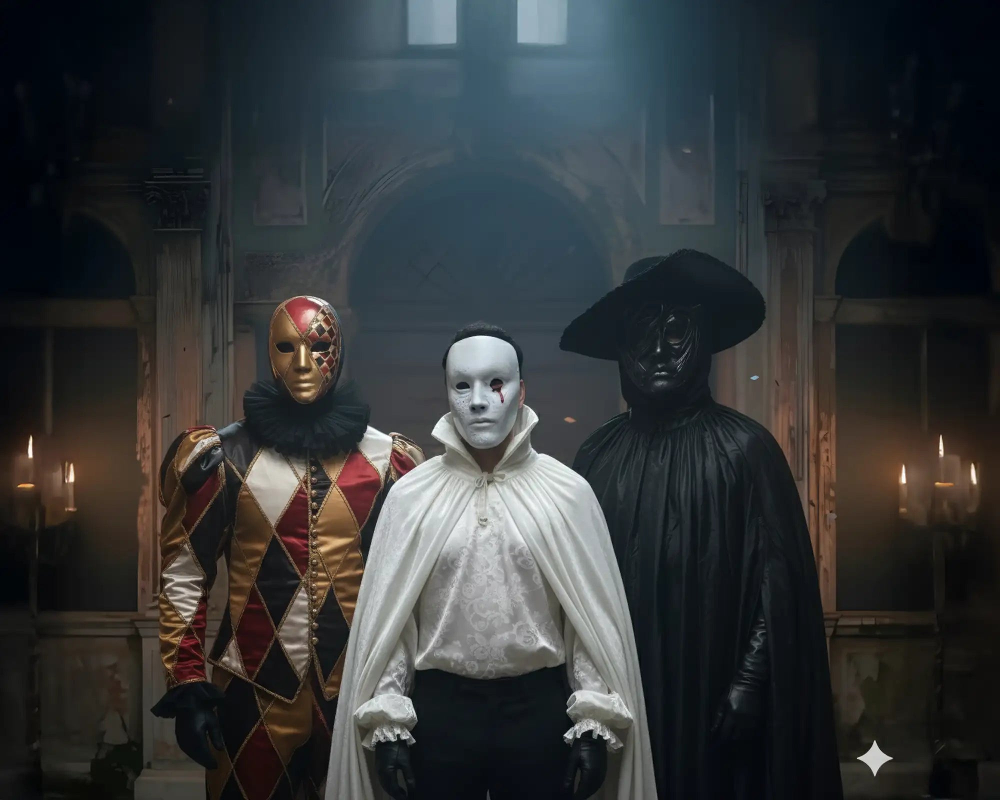 White mask with black eyes and nose, fabric material.